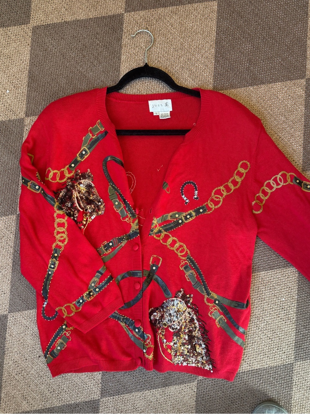 Red Sequin Equestrian-Print Cardigan